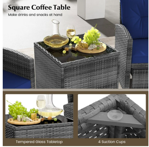 5 Pieces Patio Rattan Sofa Ottoman Furniture Set with Cushions-Navy (Fully Assembled)