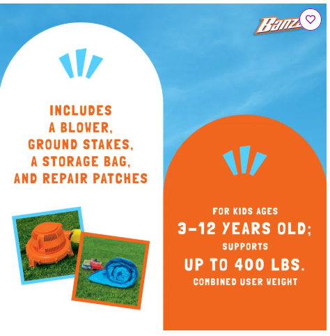 Banzai Slide N Fun Inflatable Slide and Bounce House with Soccer Net and Ball with Blower