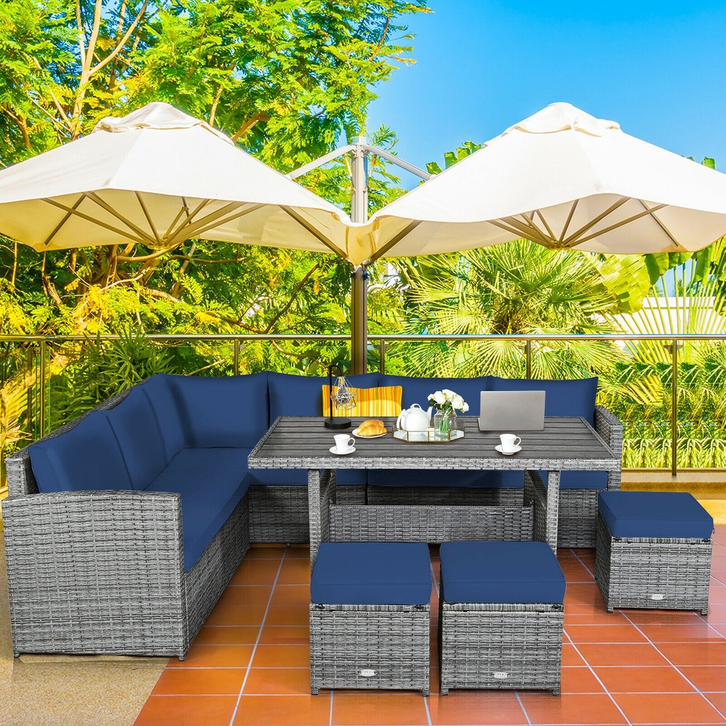 NO TAX SPECIAL, 7 Pieces Patio Rattan Dining Furniture Sectional Sofa Set with Wicker Ottoman-Navy (Copy)