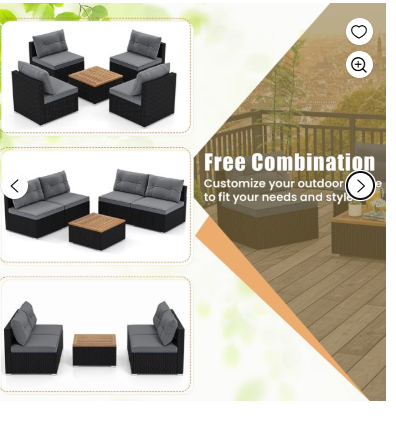 5 Pieces Outdoor Patio Furniture Set Sectional Rattan Sofa and Acacia Wood Coffee Table (Fully Assembled)-Gray