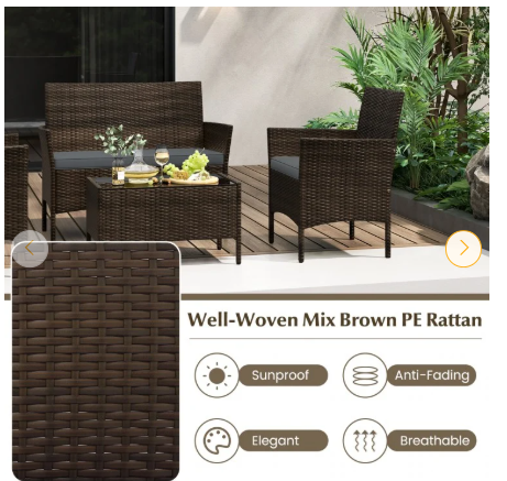 4 Piece Patio Rattan Conversation Set with Cozy Seat Cushions-Grey  (Assembled)