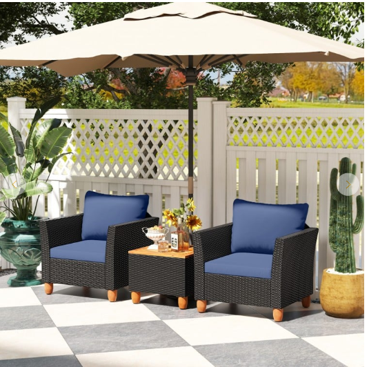 3PCS Patio Rattan Furniture Set Cushioned Conversation Set Coffee Table Navy (Fully Assembled)
