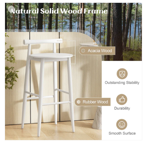 Wooden Bar Chair Set of 2 with Backrest and Footrest for Home Restaurant Cafe-White