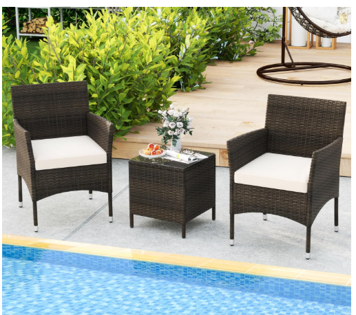 3Pcs Patio Rattan Furniture Set Cushioned Sofa and Glass Tabletop Deck-Beige (Assembled)