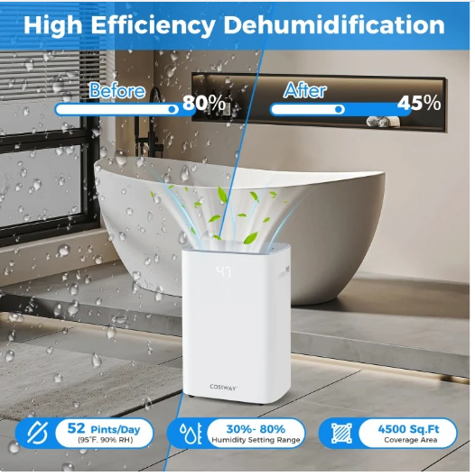 52 Pint Dehumidifier with Auto Drain or Manual Drainage for Home Basement