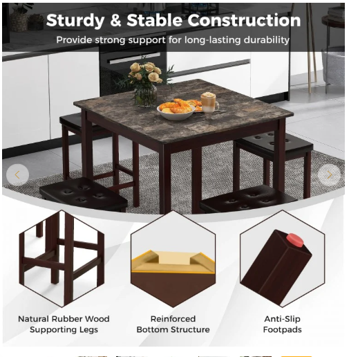 5-Piece Bar Table Set Counter-Height Dining Table and 4 Bar Stools