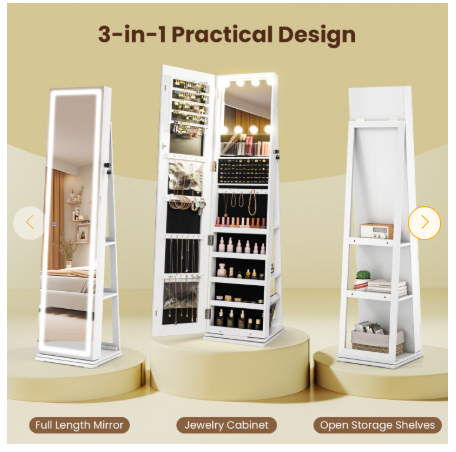 Special - 360° Swivel Freestanding Jewelry Cabinet with Lighted Full Length Mirror - Assembled