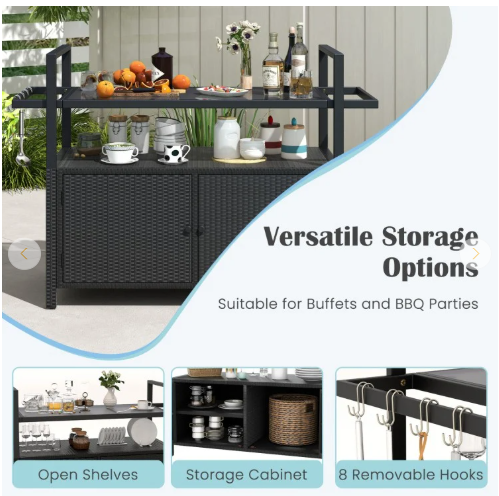 TAX FREE/SPECIAL - Bar Cart Wicker Buffet Serving Cart with Cabinet and 8 Hooks (See Decsription)