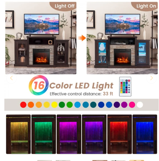 Fireplace TV Stand, TV Console with Fireplace Insert with remote, LED Lights with remote & Adjustable Glass Shelves, App Control, Fully Assembled