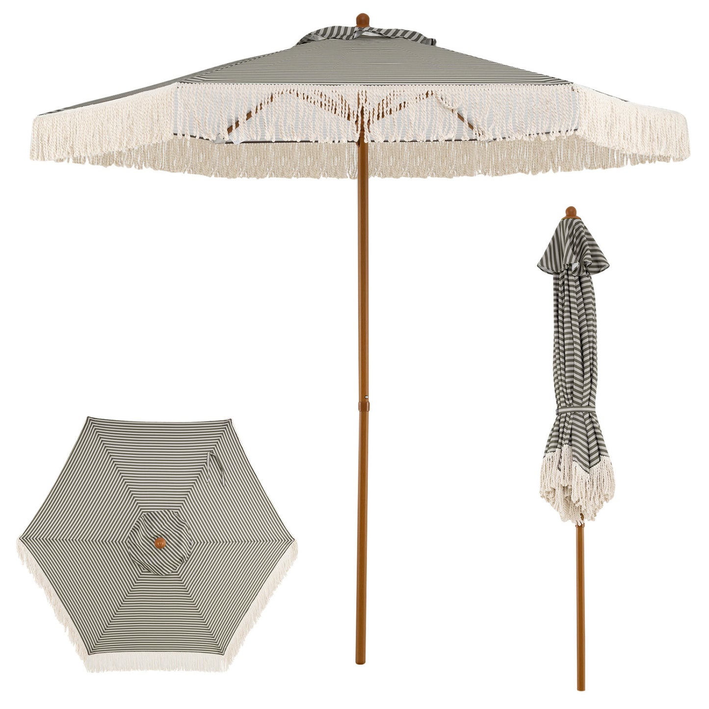 7 Feet Patio Umbrella with Fringe Sun-Protective Beach Umbrella with Boho Tassel-Grey/Green