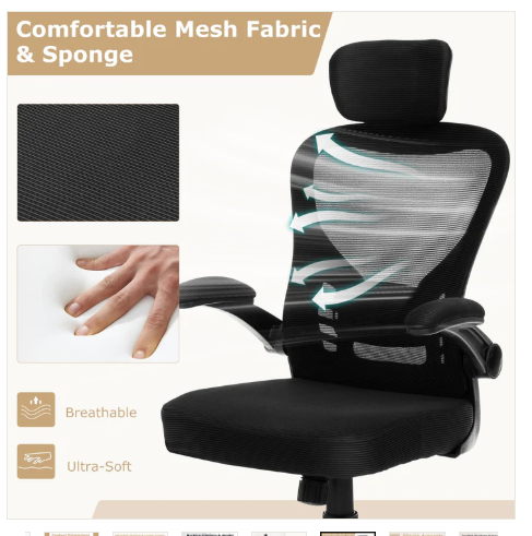 Ergonomic Mesh Office Chair, Home Office Desk Chair with Adjustable Headrest and Lumbar Support
