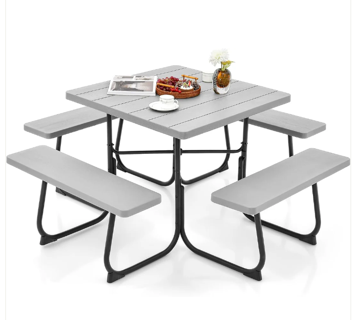 Outdoor Picnic Table with 4 Benches and Umbrella Hole-Gray - Fully Assembled