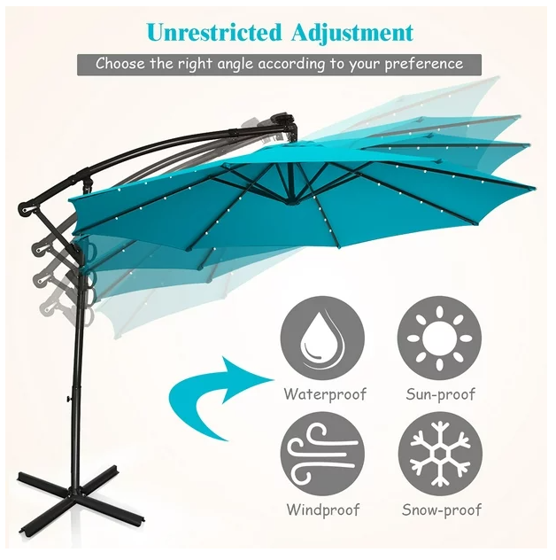 10 ft 360° Rotation Solar Powered LED Patio Offset Umbrella -Turquoise