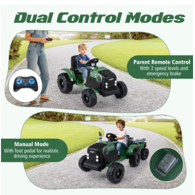 24V Ride On Tractor for Kids with Detachable Trailer-Dark Green (Customer Return)