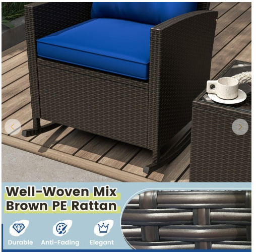 3-Piece Patio Rattan Rocker Chairs with Glass Table, Dark Blue (Fully Assembled)