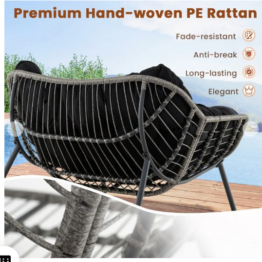 Outdoor Rocking Chair Oversized Patio PE Wicker Egg Chair with Cushion - Black