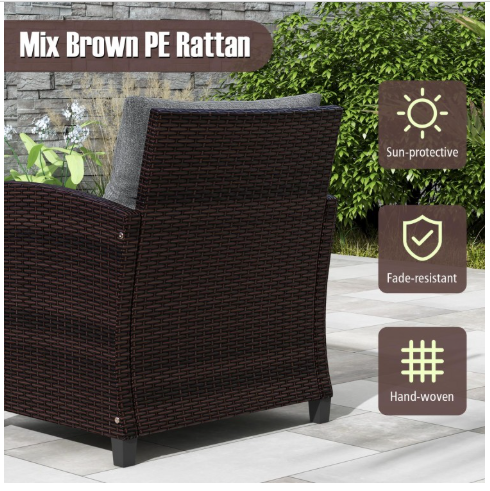 3 Pieces Cushioned Rattan Patio Conversation Set with Coffee Table-Grey (Assembled)