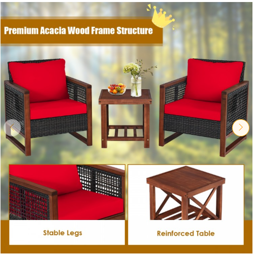 3 Pieces Acacia Wood Patio Furniture Set with Coffee Table-RED  (See Description)