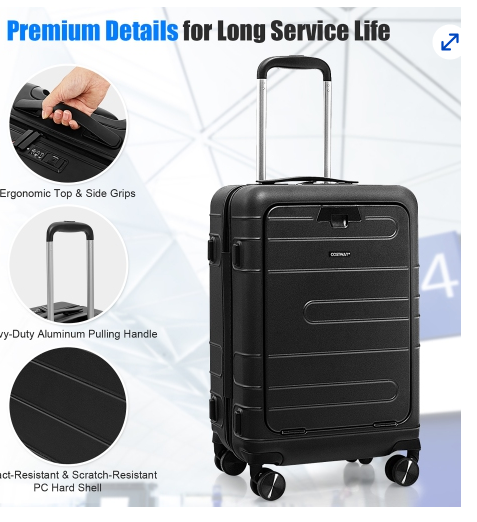 20 Inch Carry-on Luggage PC Hardside Suitcase TSA Lock with Front Pocket and USB Port