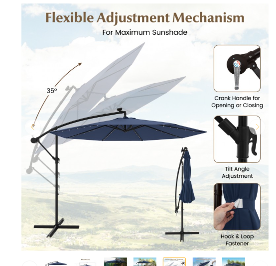 SPECIAL - 10 Feet Patio Offset Umbrella with sandbag plus 32 Solar-Powered LED Lights-Navy (see Description)