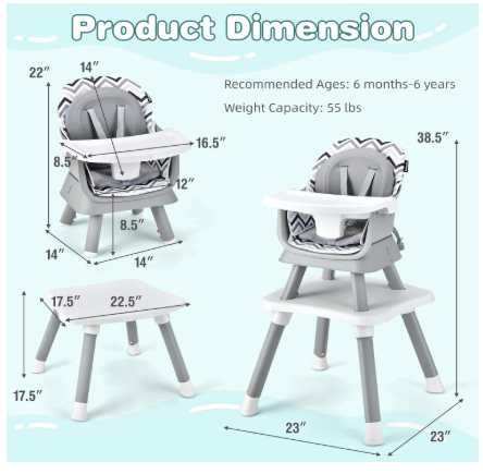8-in-1 Convertible Baby High Chair with Adjustable Removable Tray-Gray