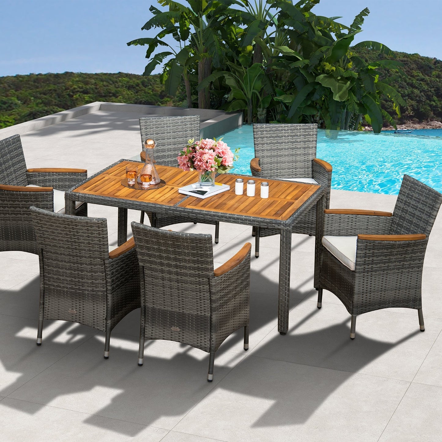 7 Pieces Patio Acacia Wood Cushioned PE Rattan Wicker Dining Set (Fully Assembled)