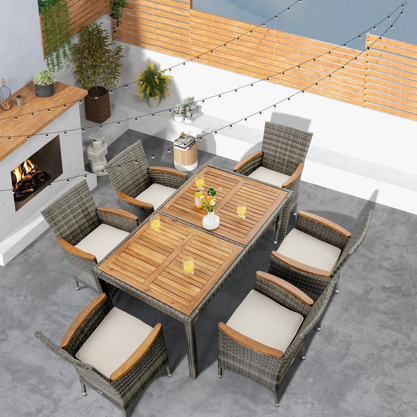 7 Pieces Patio Acacia Wood Cushioned PE Rattan Wicker Dining Set (Fully Assembled)