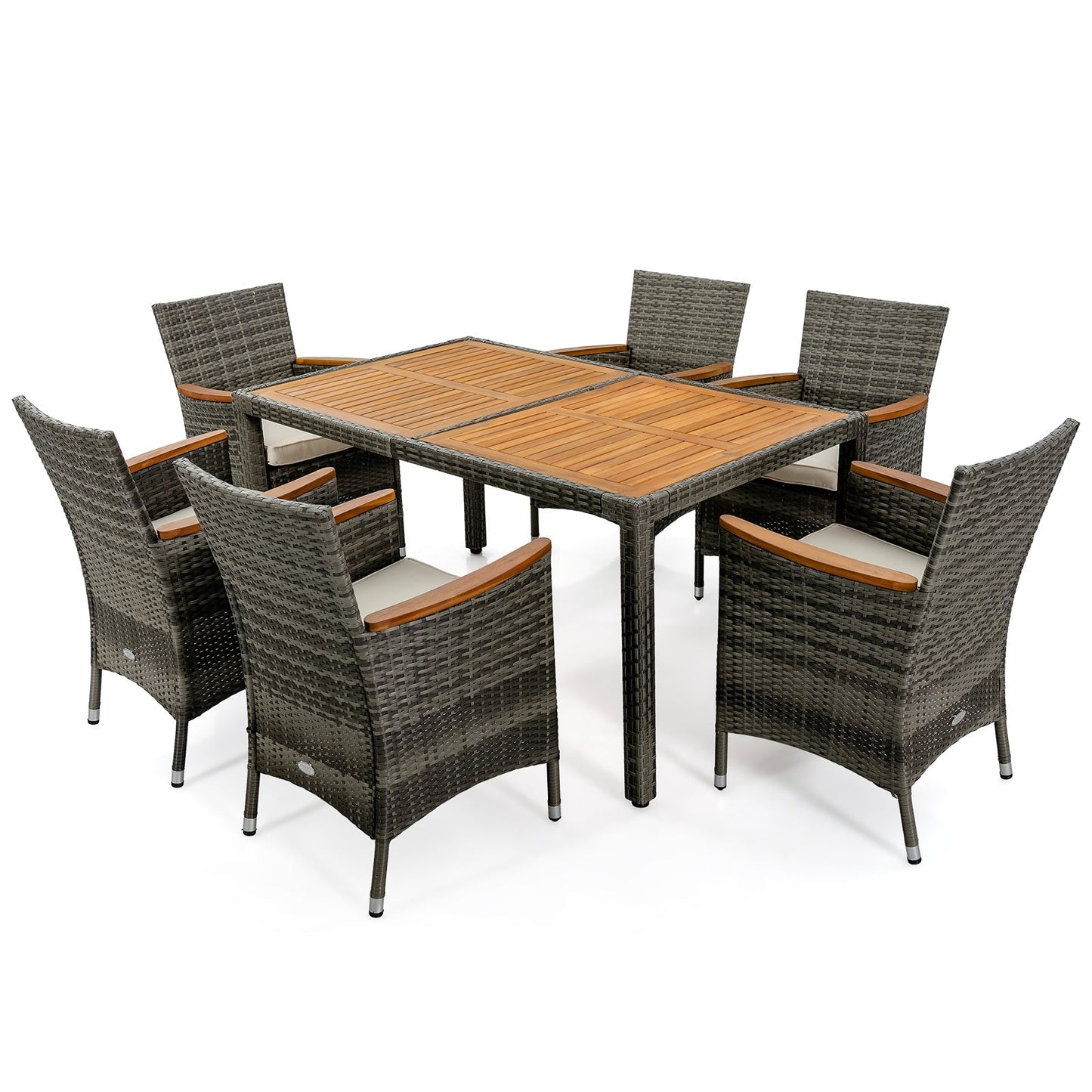 7 Pieces Patio Acacia Wood Cushioned PE Rattan Wicker Dining Set (Fully Assembled)