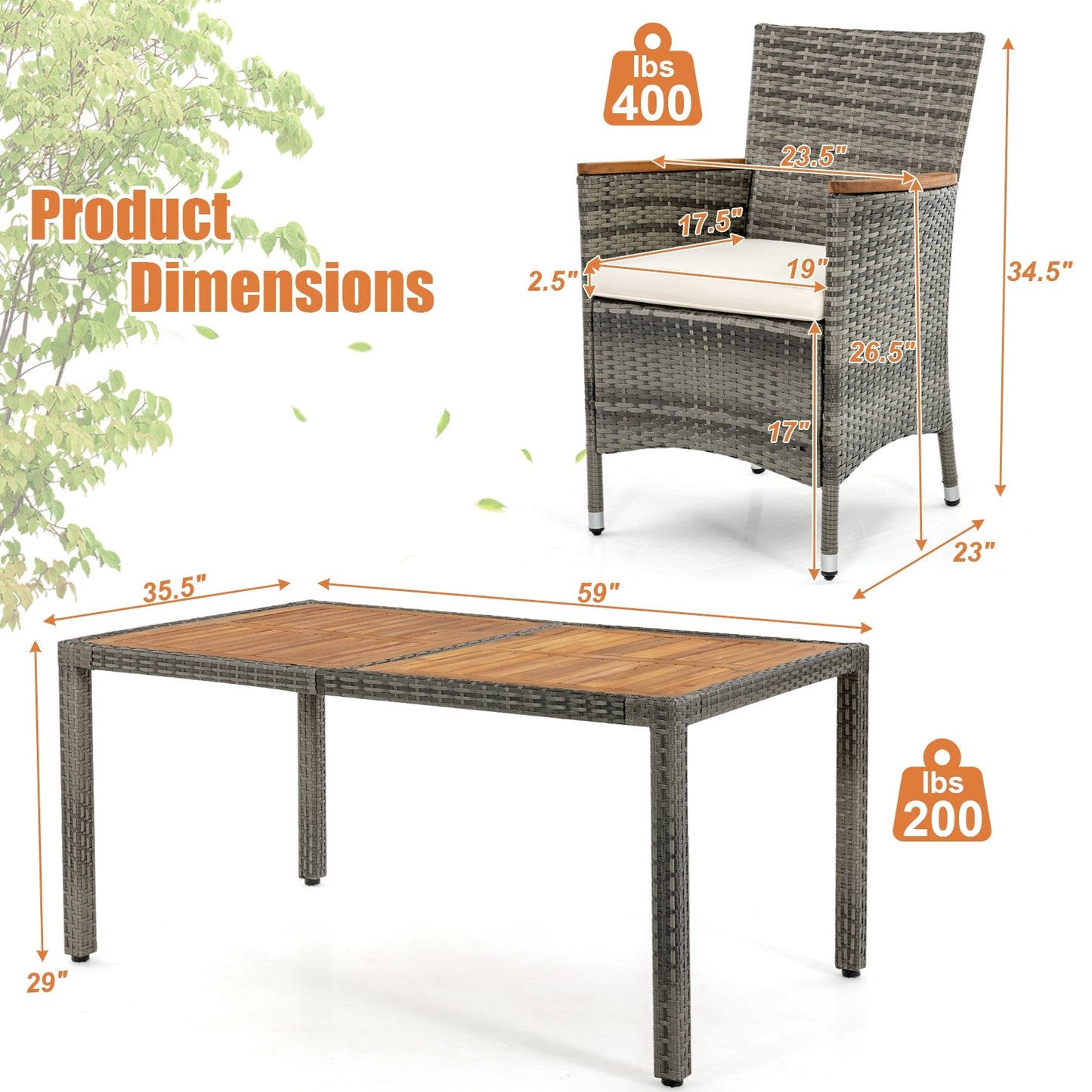7 Pieces Patio Acacia Wood Cushioned PE Rattan Wicker Dining Set (Fully Assembled)