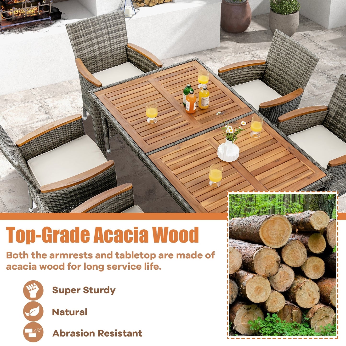 7 Pieces Patio Acacia Wood Cushioned PE Rattan Wicker Dining Set (Fully Assembled)