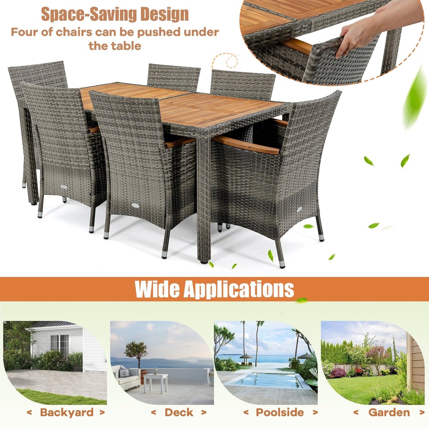 7 Pieces Patio Acacia Wood Cushioned PE Rattan Wicker Dining Set (Fully Assembled)