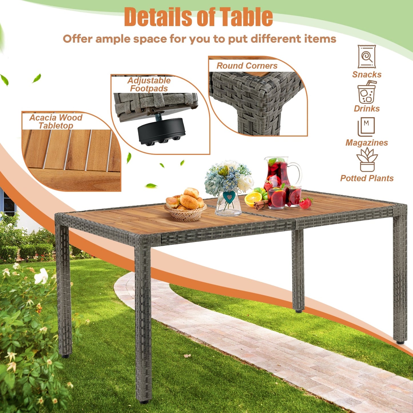 7 Pieces Patio Acacia Wood Cushioned PE Rattan Wicker Dining Set (Fully Assembled)