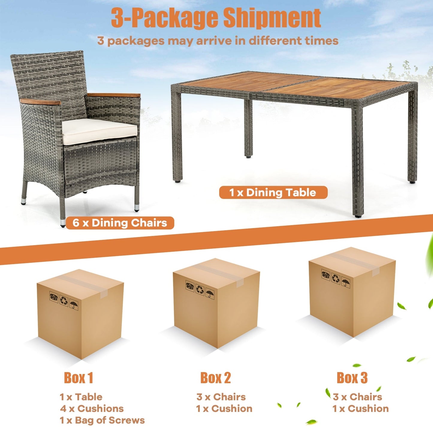 7 Pieces Patio Acacia Wood Cushioned PE Rattan Wicker Dining Set (Fully Assembled)