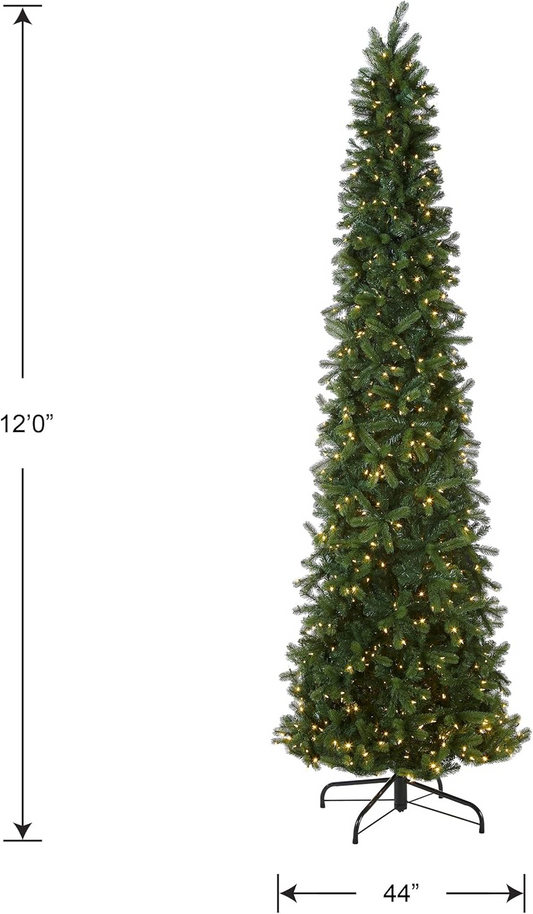 12 ft. Pre-Lit Downswept Douglas Fir Pencil Slim Fir Tree with Clear Lights, Assembled