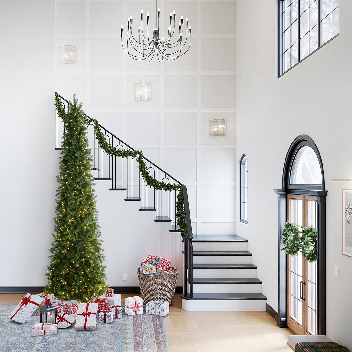 12 ft. Pre-Lit Downswept Douglas Fir Pencil Slim Fir Tree with Clear Lights, Assembled