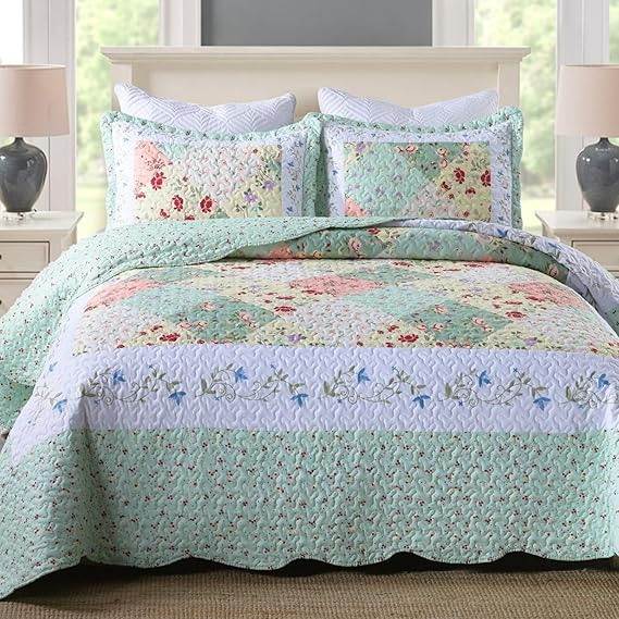 3 Piece Quilt Set Lightweight Bedspread Set Coverlet Set (Romantic Green, Queen)