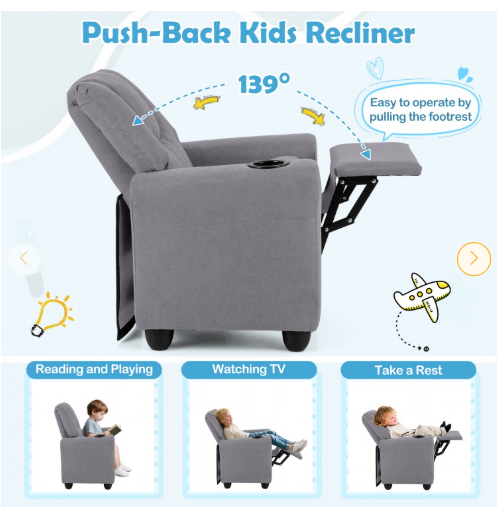Kids Recliner Chair Push Back Toddler Reclining Armchair with Cup Holder-Grey