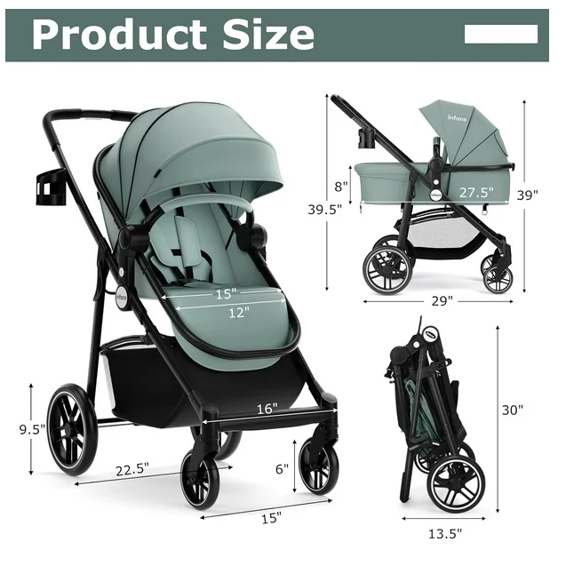 2 in 1 Baby Stroller, High Landscape Infant Stroller and Reversible Bassinet Pram with Adjustable Canopy (Grey)