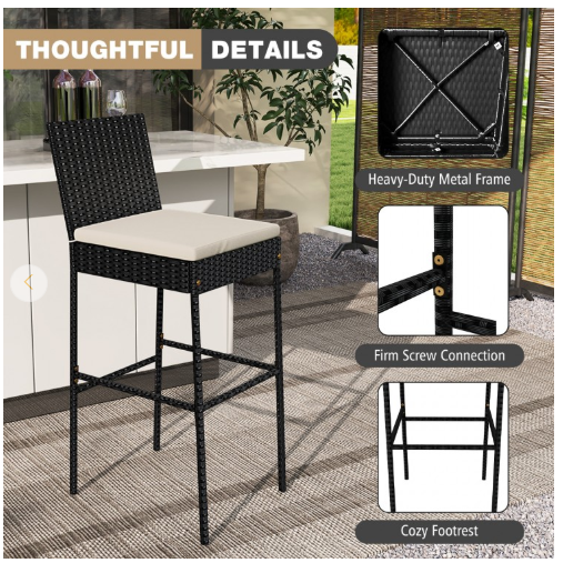 4 Pieces Patio Wicker Barstools with Seat Cushion and Footrest (Assembled)