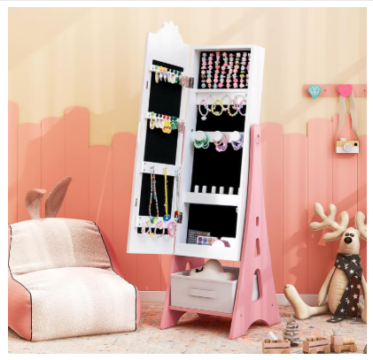 Kids Jewelry Armoire Cabinet, 43.5" with Full-Length Mirror (Assembled)