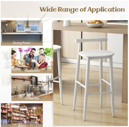 Wooden Bar Chair Set of 2 with Backrest and Footrest for Home Restaurant Cafe-White