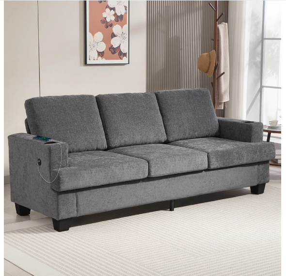 3 Seater Sofa with USB Ports & Cup Holders, Chenille-Feel Upholstered Couch for Living Room, Grey