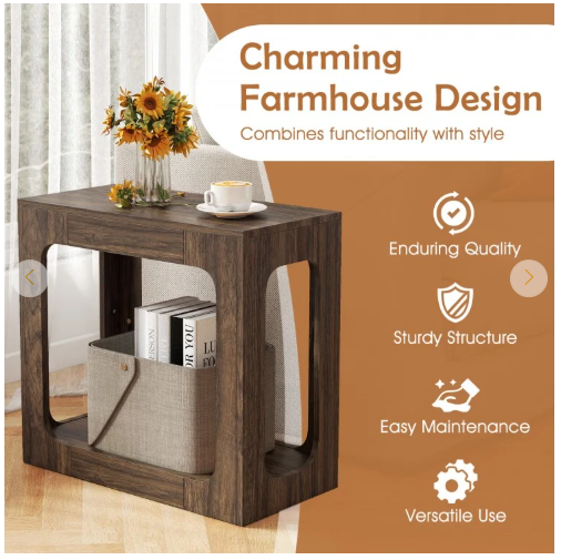 Set of 2, 2-Tier End Table with Storage Shelf for Living Room - Wallnut - Assembled