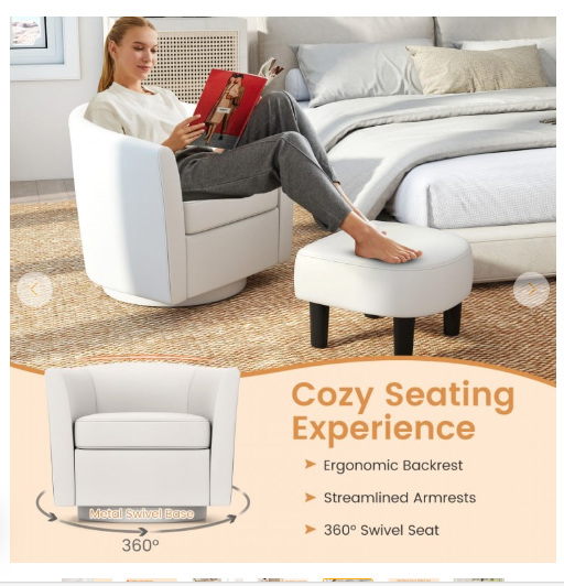 SPECIAL - Modern Club Swivel Accent Chair with Ottoman Footrest Curved Backrest (Cream White) [See Description]