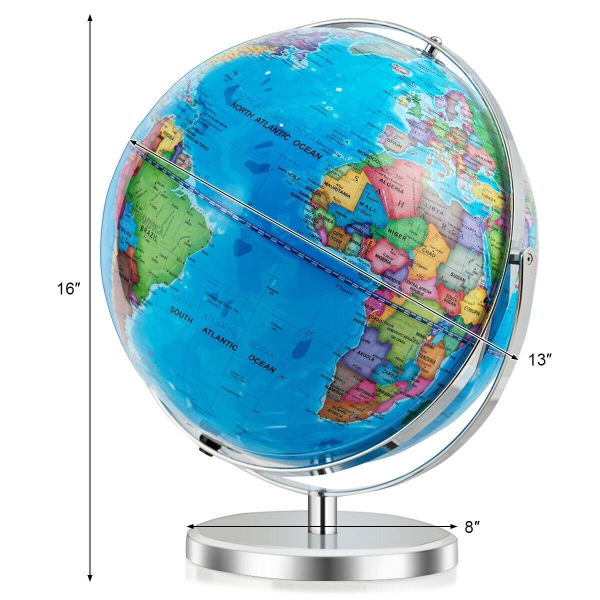 13" Illuminated World Globe 720° Rotating Map with LED Light - HW63198