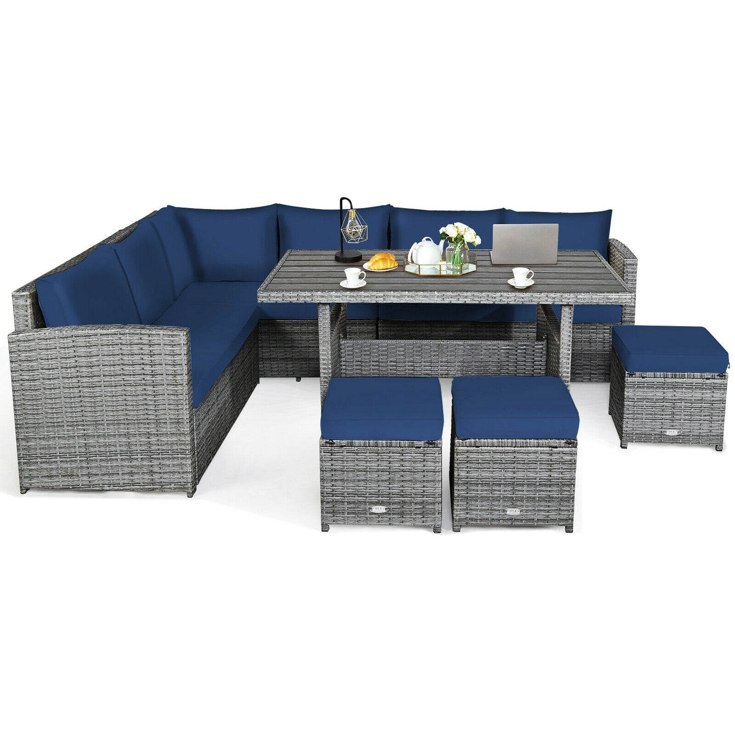NO TAX SPECIAL, 7 Pieces Patio Rattan Dining Furniture Sectional Sofa Set with Wicker Ottoman-Navy (Copy)