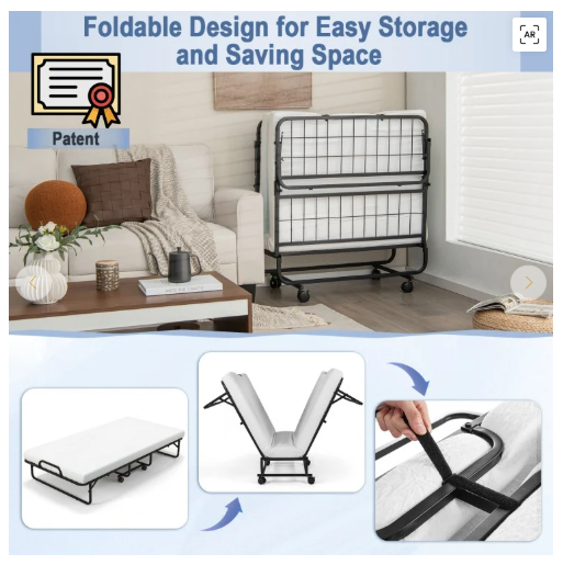 Twin Size Metal Folding Bed with Memory Foam Mattress, (1 Box, Unassembled