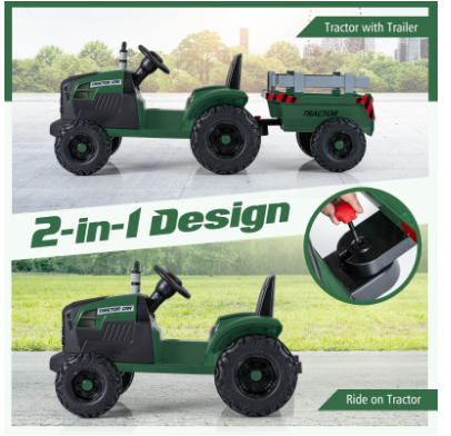 24V Ride On Tractor for Kids with Detachable Trailer-Dark Green (Customer Return)