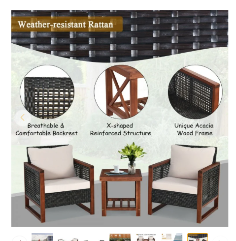 3 Pieces Acacia Wood Patio Furniture Set with Coffee Table (Assembled)