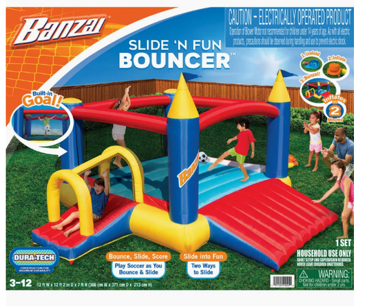 Banzai Slide N Fun Inflatable Slide and Bounce House with Soccer Net and Ball with Blower